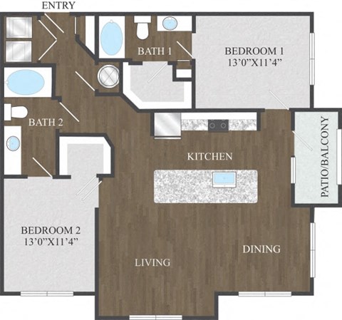 Floor plan for 2 beds, 2 baths, 1161 sqft